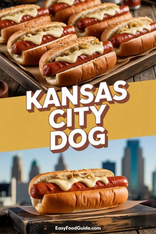 Kansas City Hot Dog with sauerkraut and Swiss cheese in a sesame seed bun, served with fries on a wooden table.