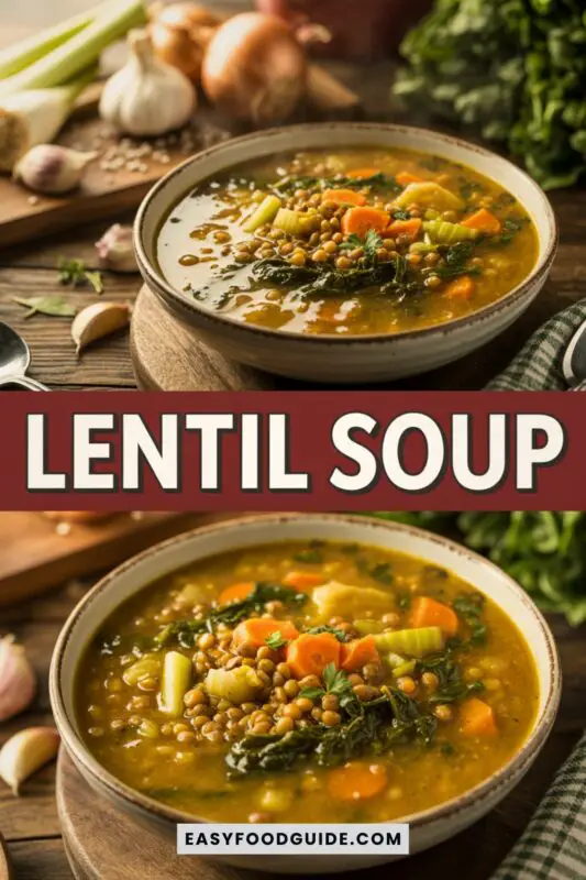 A bowl of hearty lentil soup with carrots and spinach, garnished with parsley, on a rustic table with bread.