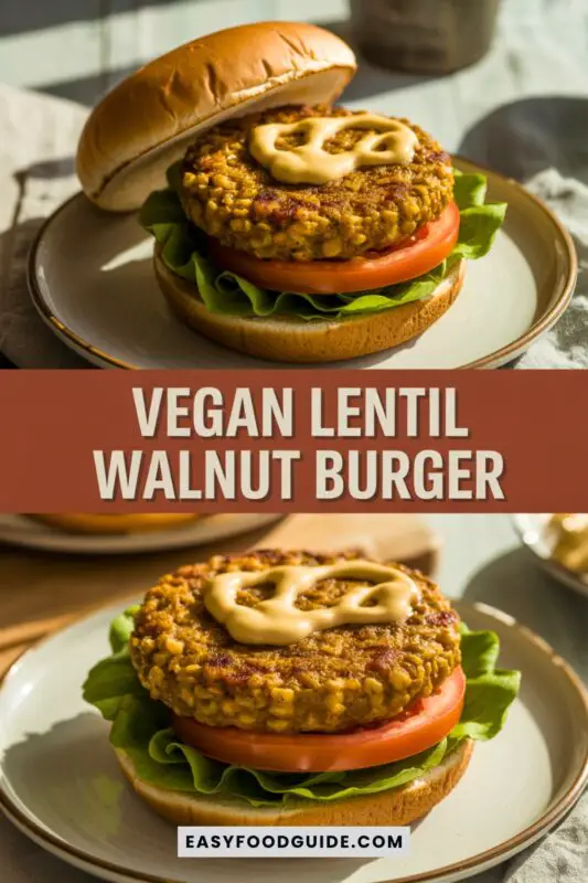 A vegan lentil-walnut burger with lettuce and tomato on a rustic table.