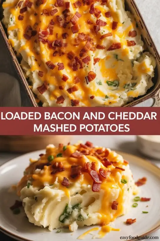 Loaded Bacon and Cheddar Mashed Potatoes topped with cheese and bacon in a baking dish, garnished with green onions.