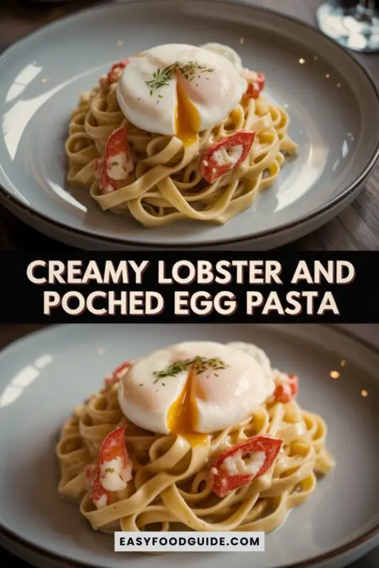 lobster-pasta-egg-1 Creamy lobster pasta with poached egg and fresh herbs, elegantly plated for a romantic dinner.
