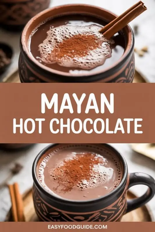 A cozy cup of Mayan Hot Chocolate with cinnamon, cacao beans, and red chiles on a wooden table.