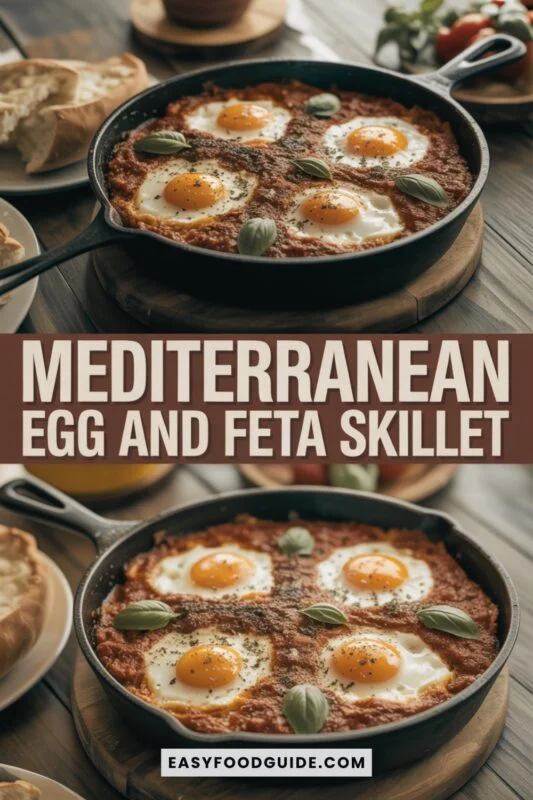 mediterranean-egg-feta-1 A skillet with baked eggs in tomato sauce, topped with feta and basil, served with pita bread on a wooden table.