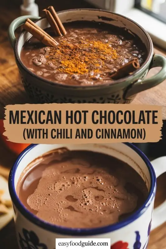 A cozy cup of spicy Mexican hot chocolate with whipped cream and spices on a rustic table.