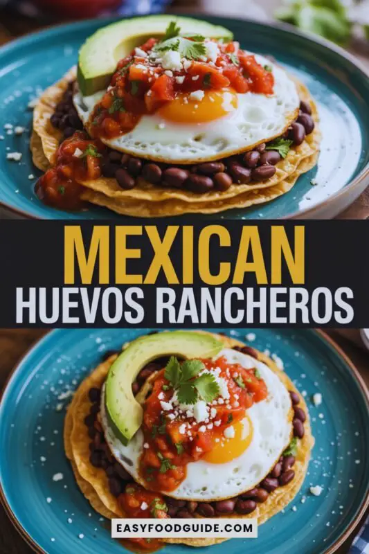 mexican-huevos-rancheros-6 Huevos Rancheros with crispy tortillas, sunny-side-up eggs, spicy salsa, black beans, and avocado, garnished with cilantro.