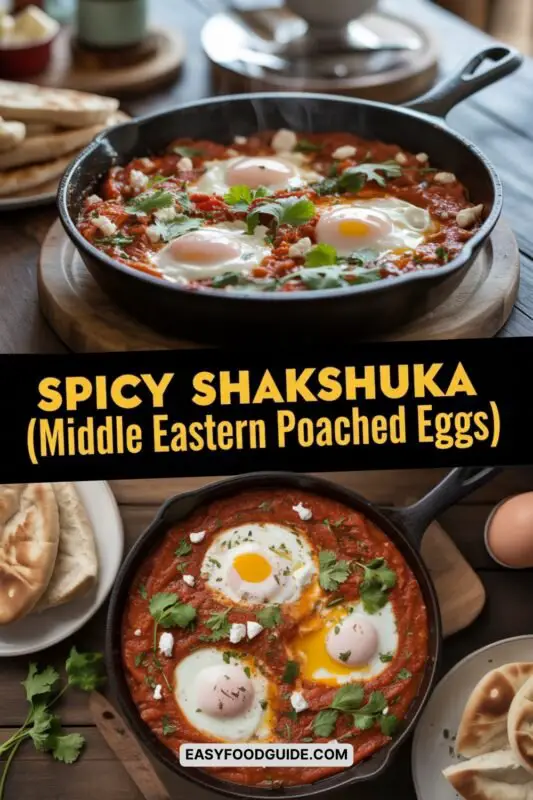 A cast-iron skillet with poached eggs in tomato sauce, garnished with cilantro and feta, on a rustic table with pita bread.