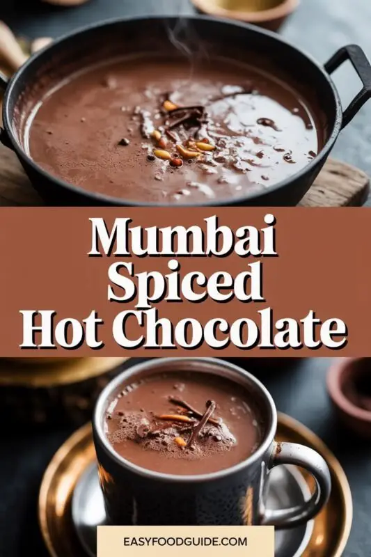 A cup of Mumbai Spiced Hot Chocolate topped with cocoa powder, surrounded by spices like cardamom and cloves.