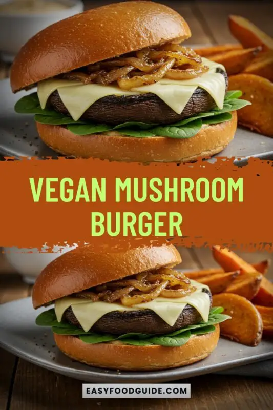 A gourmet vegan mushroom burger with Portobello mushrooms, caramelized onions, spinach, and vegan cheese on a toasted bun, presented on a rustic wooden table.