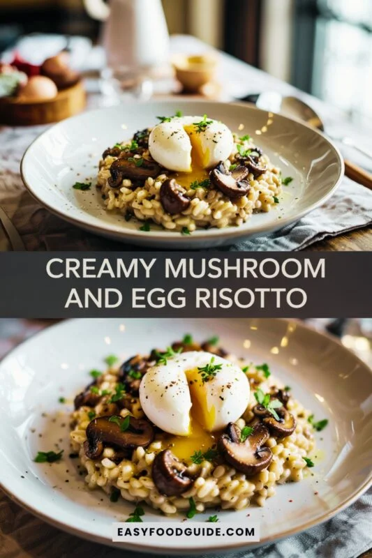 mushroom-risotto-5 A bowl of creamy mushroom risotto with a poached egg and truffle oil, garnished with parsley on a rustic table.