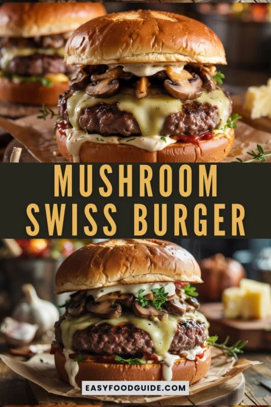 mushroom-swiss-burger-1 A gourmet Mushroom Swiss Burger with sautéed mushrooms and Swiss cheese on a wooden board.