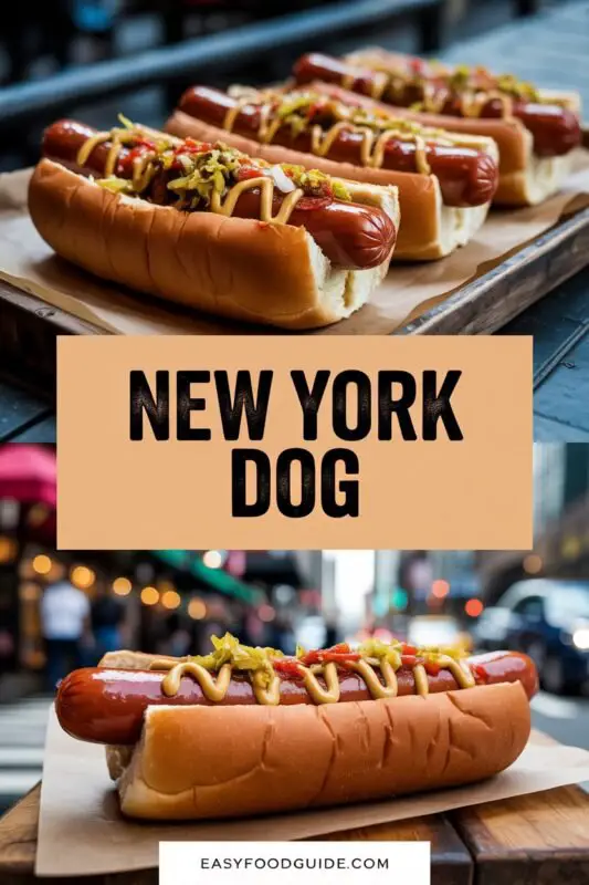A delicious New York Dog with sauerkraut and mustard in a toasted bun, set against a lively New York City backdrop.