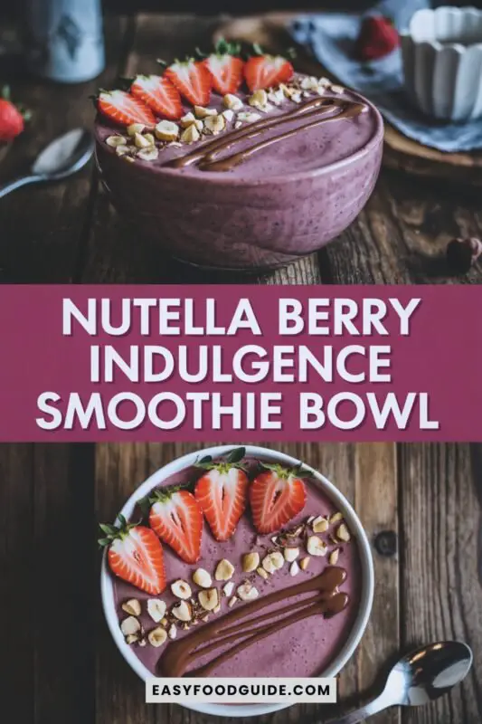 nutella-berry-smoothie-1 Nutella smoothie bowl with strawberries and hazelnuts on a dark wooden table.