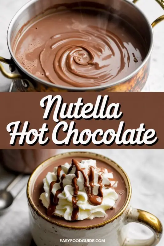 A mug of creamy Nutella hot chocolate with whipped cream and chocolate shavings, surrounded by cookies.