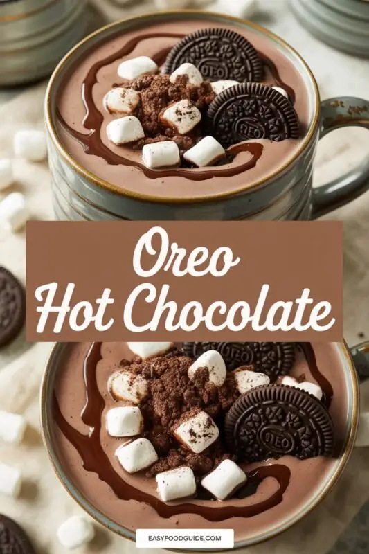A mug of Oreo hot chocolate topped with whipped cream, crushed Oreos, and mini marshmallows, surrounded by a cozy setting.