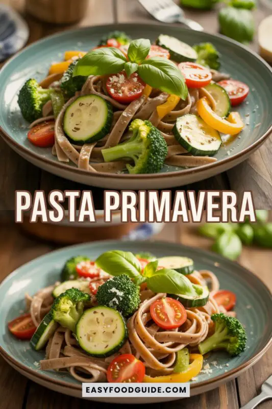 A colorful bowl of Pasta Primavera with whole wheat pasta and fresh vegetables, garnished with basil.