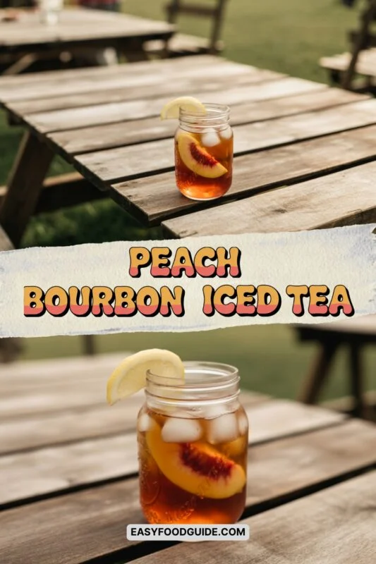 Mason jar of peach bourbon iced tea with lemon and peach slices on a rustic table.