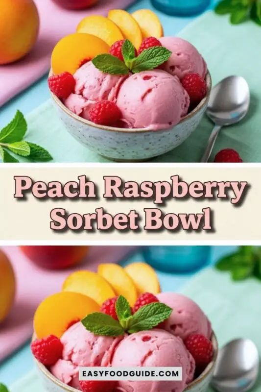 peach-raspberry-sorbet-1 A colorful Peach Raspberry Sorbet Bowl topped with peach slices, raspberries, and mint leaves, set against a summer-themed backdrop.