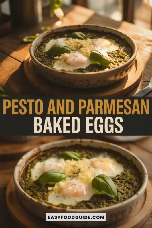 pesto-baked-eggs-1 Baked eggs in pesto sauce with Parmesan and basil in a rustic dish, warm lighting.