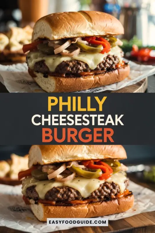 philly-cheesesteak-burger-1 Philly Cheesesteak Burger with beef patty, provolone cheese, sautéed onions and peppers in a hoagie roll on a wooden table.