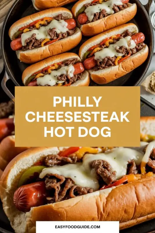 Philly Cheesesteak Hot Dog topped with sautéed peppers, onions, and melted provolone cheese on a wooden table with fries.
