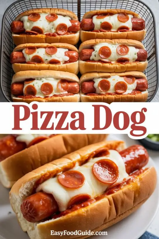 Air Fryer Pizza Dog with marinara sauce, mozzarella cheese, and pepperoni on a wooden board.