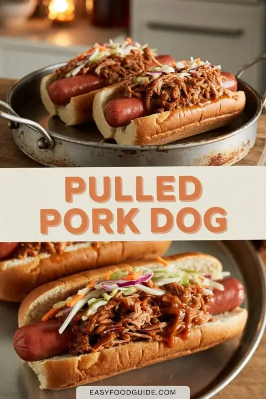 BBQ pulled pork hot dog with beef frank, pulled pork, BBQ sauce, and coleslaw on a rustic table.