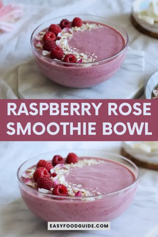 raspberry-rose-smoothie-01 A raspberry smoothie bowl topped with fresh raspberries, rose petals, and white chocolate shavings.