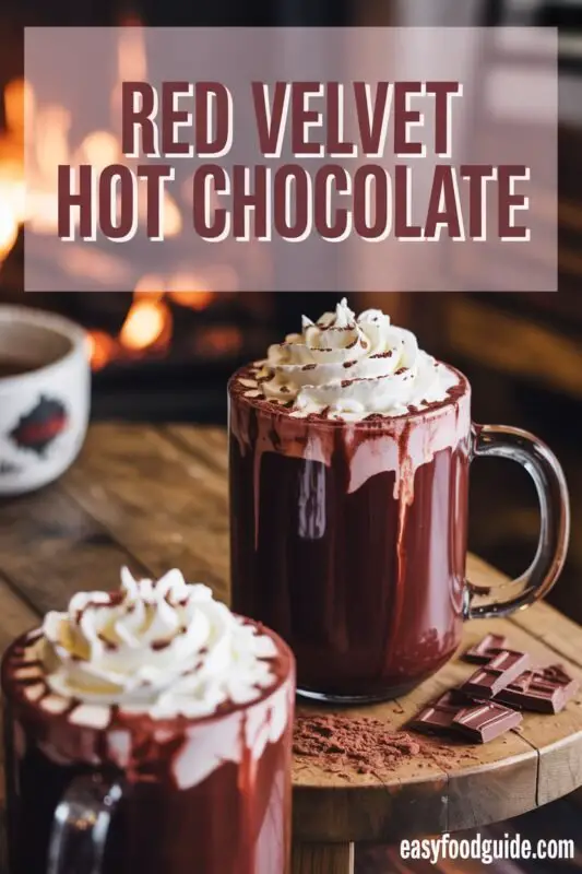 A cup of Red Velvet Hot Chocolate with whipped cream and chocolate shavings, set against a warm, festive background.