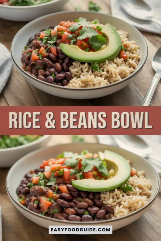 A colorful bowl of brown rice topped with black beans, salsa, and avocado, garnished with cilantro and lime wedges.