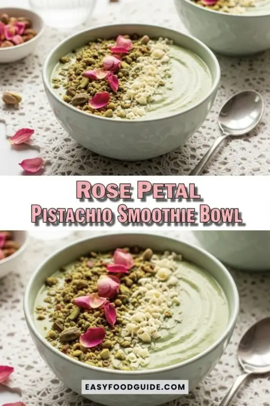 rose-pistachio-smoothie-1 A rose petal pistachio smoothie bowl with crushed pistachios, edible rose petals, and white chocolate shavings on a lace tablecloth.