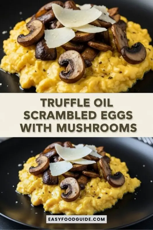 scambled-egg-mushroom-3 Silky scrambled eggs with truffle oil, sautéed mushrooms, and shaved Parmesan on a black plate.