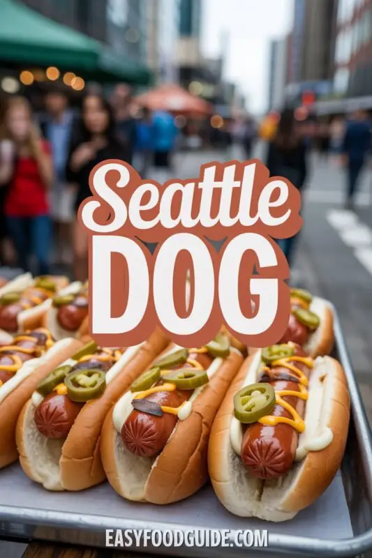 A Seattle Dog with cream cheese, grilled onions, sauerkraut, and jalapeños on a wooden platter.
