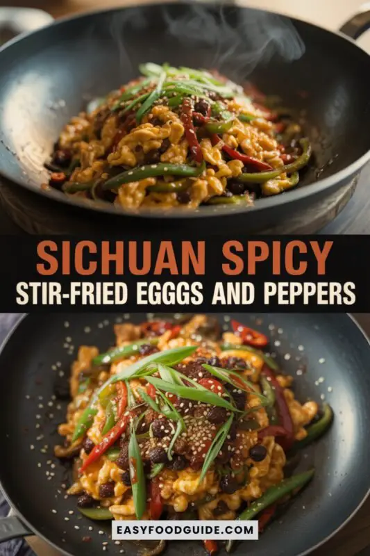 A vibrant plate of Sichuan spicy stir-fried eggs with peppers and chilies, garnished with sesame seeds, served on a dark plate.