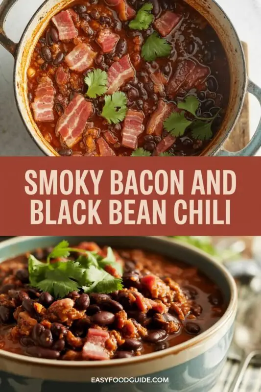A hearty bowl of Smoky Bacon and Black Bean Chili with bacon, black beans, and bell peppers, garnished with cilantro and sour cream, alongside cornbread.