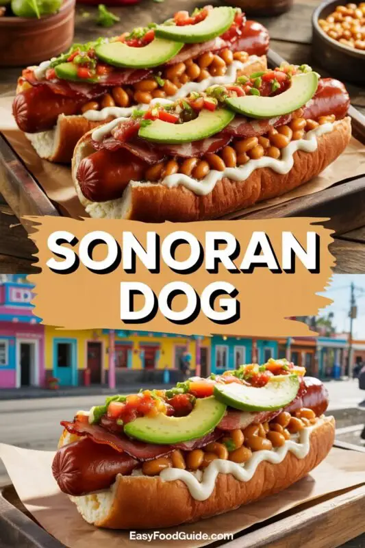 A bacon-wrapped Sonoran Hot Dog in a bolillo roll, topped with beans, tomatoes, onions, jalapeños, mayo, mustard, avocado, and salsa verde.