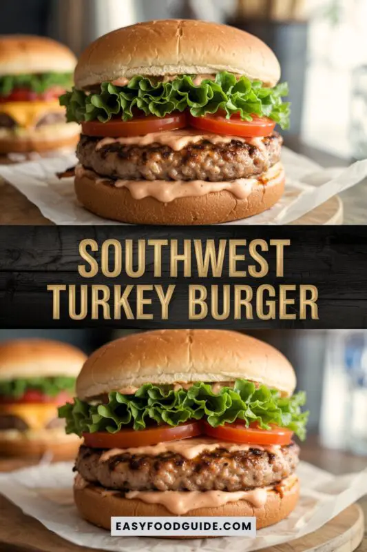 A gourmet Southwest Turkey Burger with ground turkey patty, pepper jack cheese, lettuce, tomato, and chipotle mayo on a toasted bun, presented on a wooden board.