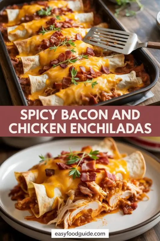 Loaded Spicy Bacon and Chicken Enchiladas topped with cheese and green onions, served with enchilada sauce.
