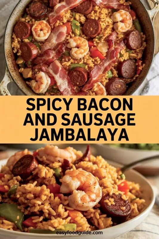 A bowl of Spicy Bacon and Sausage Jambalaya with shrimp, sausage, and vegetables, garnished with green onions, on a wooden table.