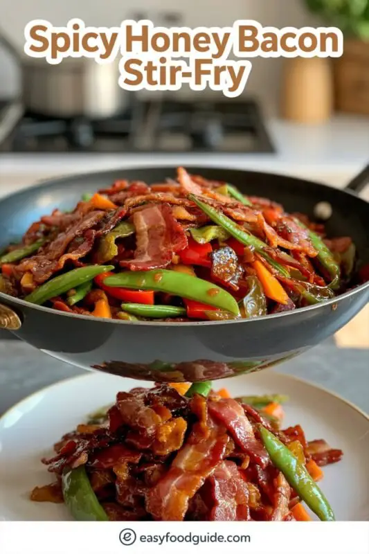 A colorful Spicy Honey Bacon Stir-Fry with bell peppers, snap peas, and carrots, served over rice.