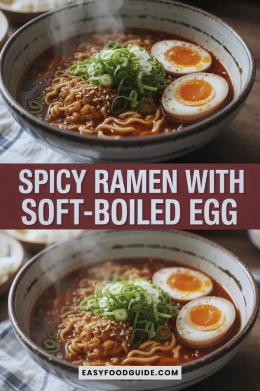 spicy-ramen-egg-1 A bowl of spicy ramen with chili broth, soft-boiled egg, scallions, and sesame seeds, served with chopsticks.