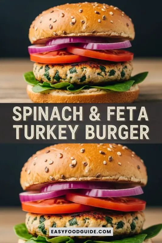 A gourmet turkey burger with spinach and feta on a whole grain bun, garnished with red onion and tomato, on a wooden table.