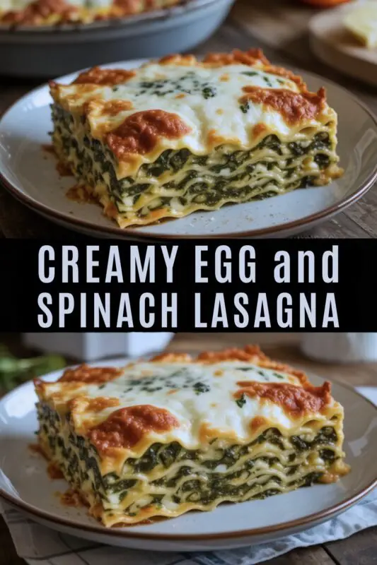 Golden baked lasagna with spinach and egg filling, served in a rustic kitchen setting.