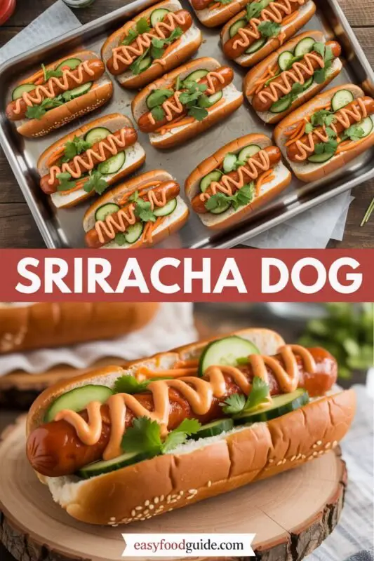 A gourmet Sriracha Dog with beef frank, Sriracha mayo, shredded carrots, cucumbers, and cilantro on a rustic table.
