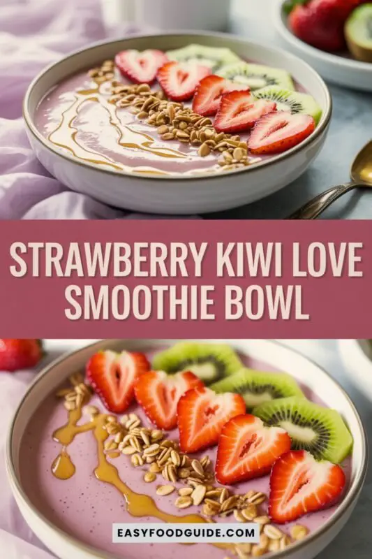 strawberry-kiw-smoothie-bowl-1 A pink smoothie bowl with strawberries and kiwi, garnished with honey, on a pastel background.