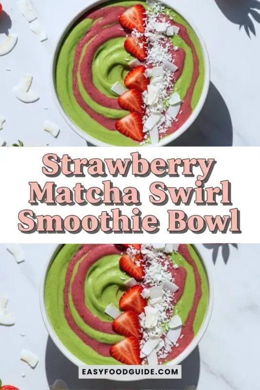 strawberry-matcha-smoothie-1 A colorful Strawberry Matcha Swirl Smoothie Bowl topped with coconut flakes and fresh strawberries.