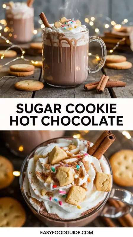 A mug of Sugar Cookie Hot Chocolate with whipped cream and sprinkles on a festive table.