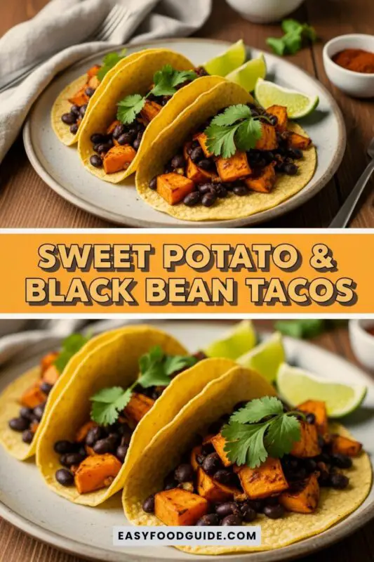 Crispy sweet potato and black bean tacos garnished with cilantro and lime, served on a wooden table.