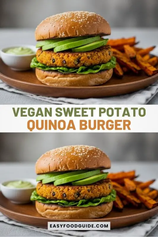 A colorful vegan sweet potato quinoa burger with lettuce and avocado on a rustic wooden plate.