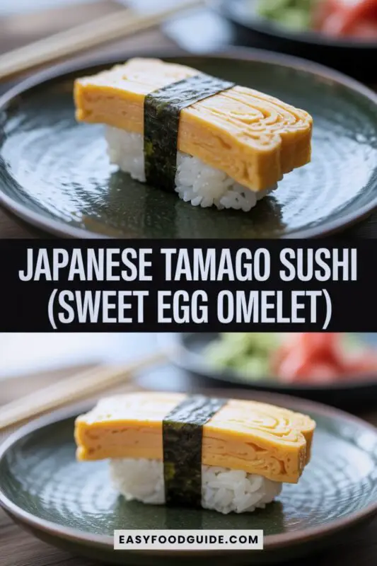 tamago-sushi-1 Tamago sushi with a rolled omelet on sushi rice, wrapped in nori, set in a traditional Japanese sushi bar.