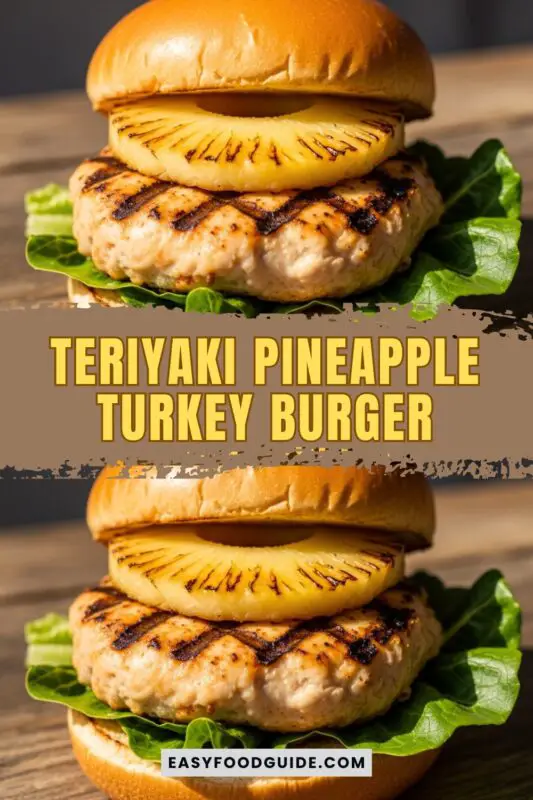 A gourmet teriyaki turkey burger with grilled pineapple, lettuce, and toasted bun on a rustic wooden board.